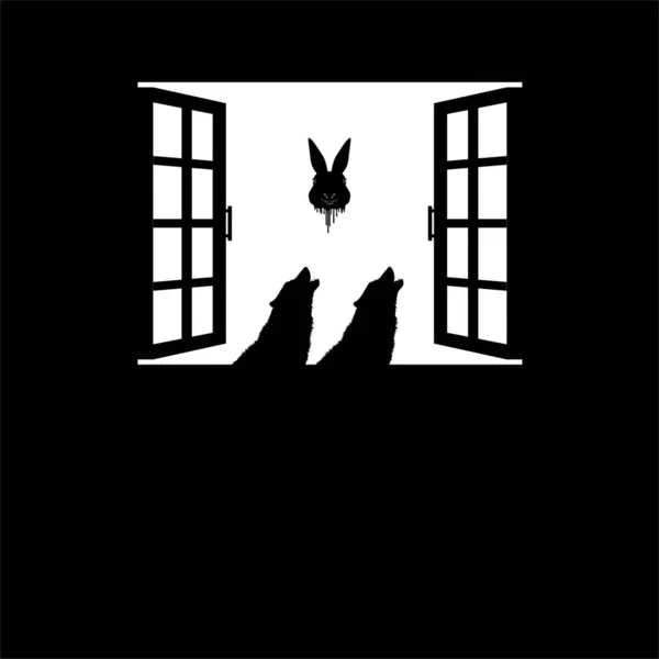 Wolf Und Fliegender Blutiger Hasenkopf Auf Der Fenstersilhouette Dramatisch Gruselig — Stockvektor