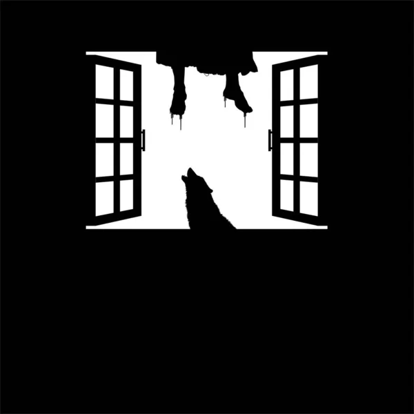 Wolf Hanging Bloody Woman Legs Windows Dramatique Effrayant Horreur Effrayant — Image vectorielle