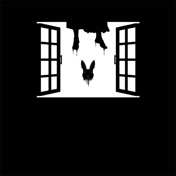 Hanging Bloody Woman Legs Flying Bloody Rabbit Head Window Silhouette — Vetor de Stock