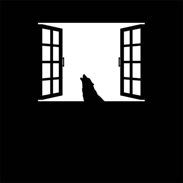 Windows上でオオカミをハウリング 不気味な ホラー または不気味なイラスト ホラー映画やハロウィンポスター要素のためのイラスト ベクターイラスト — ストックベクタ