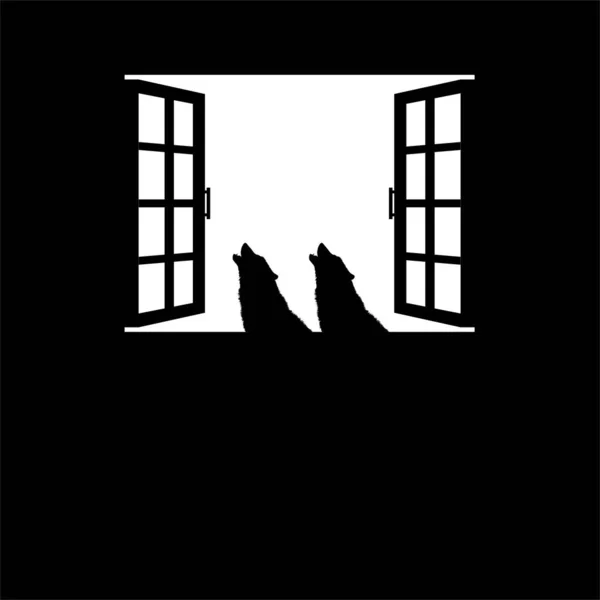 Windows上でオオカミをハウリング 不気味な ホラー または不気味なイラスト ホラー映画やハロウィンポスター要素のためのイラスト ベクターイラスト — ストックベクタ