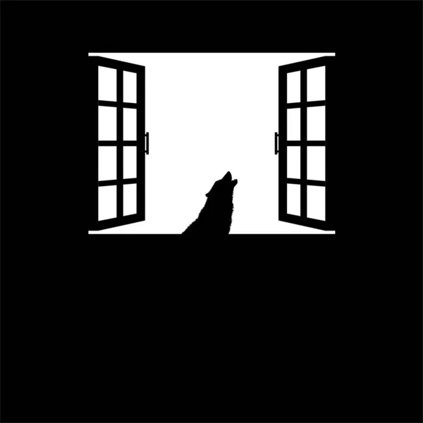 Howling Wolf Windows Dramatic Creepy Horror Scary Mystery Spooky Illustration — Stock Vector