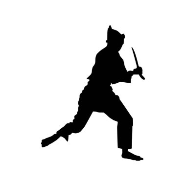 'Pencak Silat' atletinin Silueti eylem sırasında palayı silah olarak kullanıyor, Pencak Silat ise Endonezyalı Dövüş Sanatıdır. Vektör İllüstrasyonu