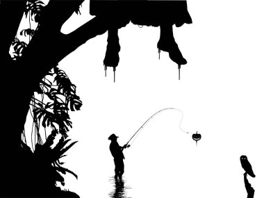 Lanetli Göl Grevindeki Balıkçı ya da Balıkçı, Korkunç Balkabağı, Cadılar Bayramı Teması Korku İllüstrasyonu ya da Film Posteri 'ni aldı. Vektör İllüstrasyonu 