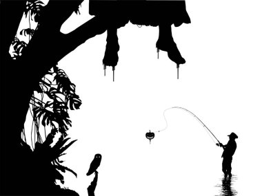 Lanetli Göl Grevindeki Balıkçı ya da Balıkçı, Korkunç Balkabağı, Cadılar Bayramı Teması Korku İllüstrasyonu ya da Film Posteri 'ni aldı. Vektör İllüstrasyonu 