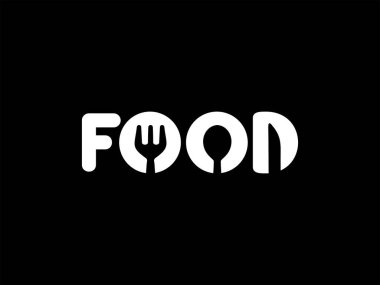 'FOOD' un Spoon, Fork, Knife Shape in Negatif Space, düz, basit, unutulmaz ve göz alıcı kullanımının metni, Logo, Uygulamalar, Web Sitesi, Gıda ve İçecek İşareti veya Grafik Tasarımı için kullanılabilir 