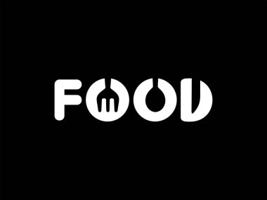 'FOOD' un Spoon, Fork, Knife Shape in Negatif Space, düz, basit, unutulmaz ve göz alıcı kullanımının metni, Logo, Uygulamalar, Web Sitesi, Gıda ve İçecek İşareti veya Grafik Tasarımı için kullanılabilir 