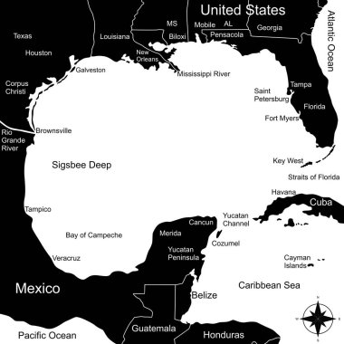 Map of the Gulf Coast, geographic area in the extreme southern United States along the northern portion of the Gulf of Mexico. Vector Illustration clipart