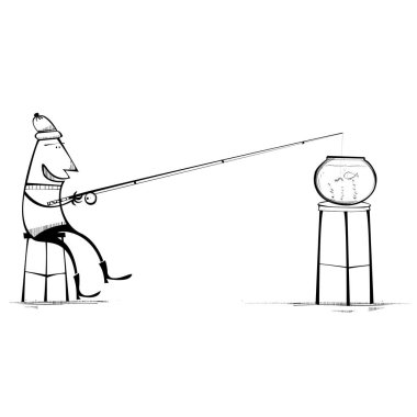 Akvaryumda balık tutan adam. Vektör illüstrasyonu