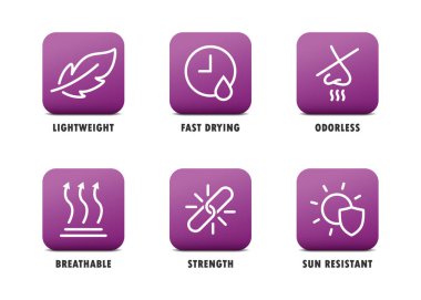 Useful icons set. Such as: lightweight, odorless, breathable, strength. Vector illustration. clipart