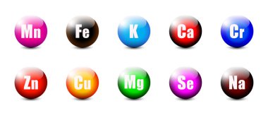 Mikro element simgeleri ayarlandı. Mikro elementlerin dengesi. Harfli yuvarlak parlak düğmeler. Sağlıklı yaşam konsepti. Vektör illüstrasyonu.