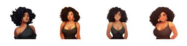 Chubby woman. Beautiful black young woman set. Vector illustration. clipart