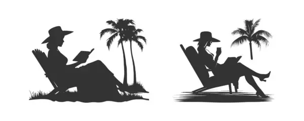Silhouette Una Ragazza Che Legge Libro Sulla Spiaggia Illustrazione Vettoriale — Vettoriale Stock