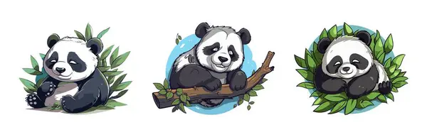 Panda Cartone Animato Con Foglie Illustrazione Vettoriale — Vettoriale Stock