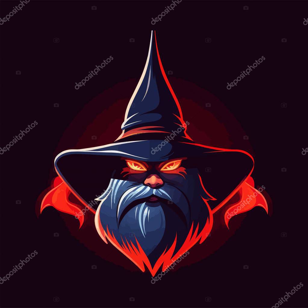 A wizard mascot illustration in the style of glowing colors. Vector illustration.