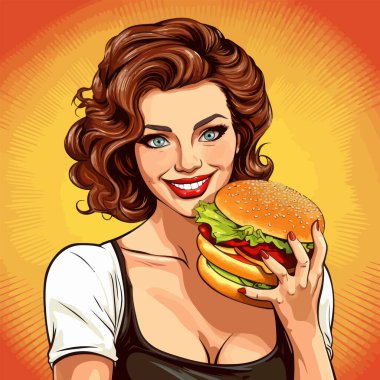 Hamburgerciye sarılan güzel bir genç kadın. Pop sanat tarzı vektör illüstrasyonu.