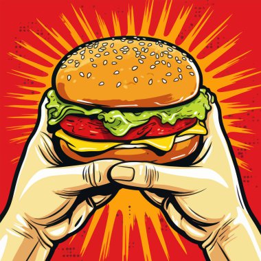 Büyük hamburgerler ellerde. Pop sanat tarzı vektör illüstrasyonu.