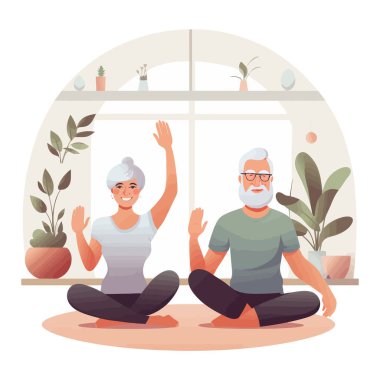 Evde yoga yapan yaşlı bir çift. Çizgi film vektör illüstrasyonu.