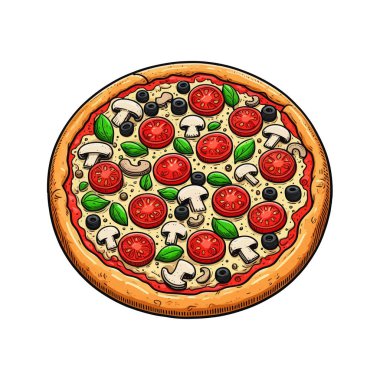 Manzaralı pizza. Vektör illüstrasyonu.