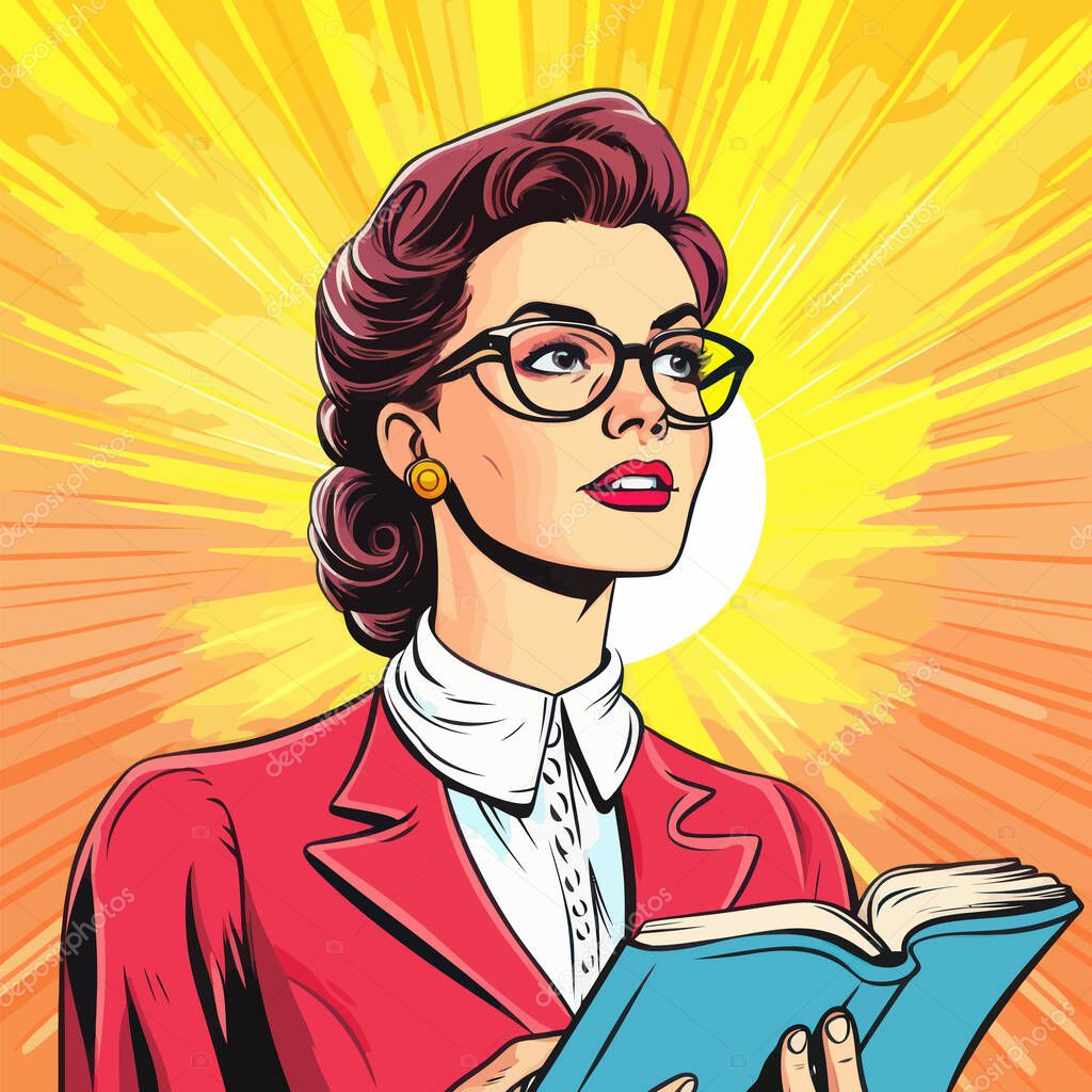 Comic style female pastor. Charismatic church woman pastor. Cartoon vector illustration.