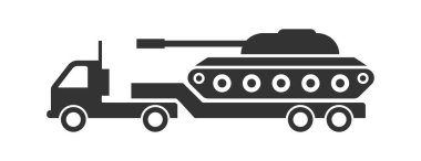 Kamyon ikonunda bir tank. Askeri tank taşıma ikonu. Vektör illüstrasyonu.