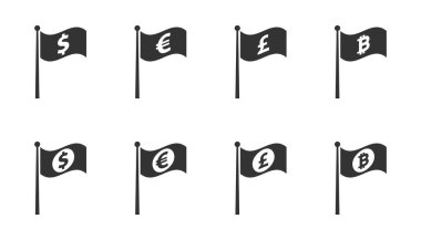 Dolar Euro pound ve bitcoin sembollü bayrak ikonu seti. Vektör illüstrasyonu.
