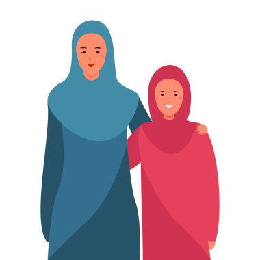 Arap Müslüman anne ve kızının ilişki tatili. Düz vektör illüstrasyonu