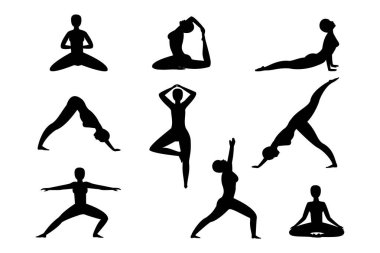 İzole edilmiş beyaz arka planda bir grup yoga asanası. Düz vektör illüstrasyonu
