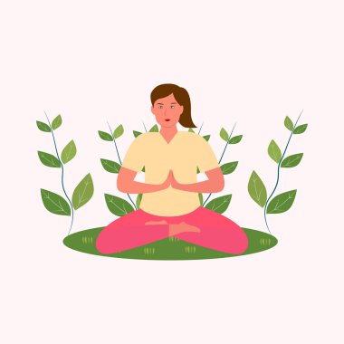 Lotus yogasında oturan kadın doğal yeşil arka planda poz veriyor. Güzel düz vektör çizimi