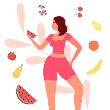Atletik bir kız için sağlıklı meyve diyeti. Yaz parlak vektör illüstrasyonu