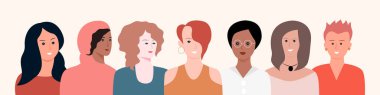 Modern moda kadınların portrelerinin afişi. Feminist vektör çizimi. Eşitlik konsepti, Uluslararası Kadınlar Günü