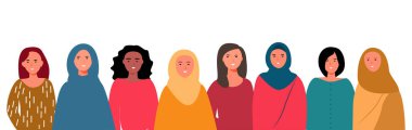 Karikatürdeki uluslararası kadınlar bir portre için birlikte poz veriyorlar. Düz vektör illüstrasyonu.