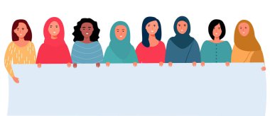 Bir posteri bir arada tutan uluslararası kadın çizgi filmi. Düz vektör illüstrasyonu
