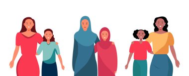 Beyaz bir arka planda güzel uluslararası anne ve kız posterleri. Düz vektör illüstrasyonu.