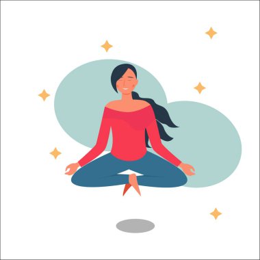 Lotus pozisyonunda yoga yapan kadın. Kadın meditasyonu. Düz vektör illüstrasyonu.