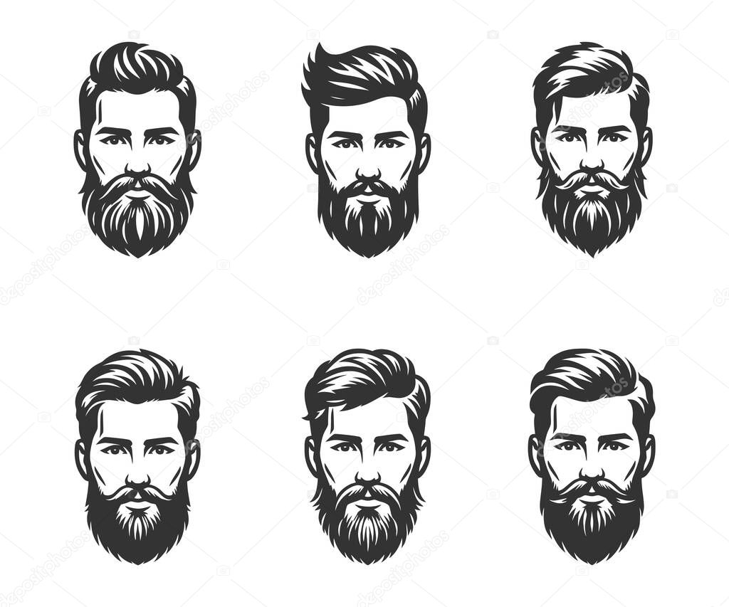 Bearded man face set. Vector illustration.