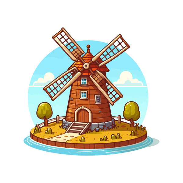 Windmill on Small Island With Trees. Cartoon Vector.
