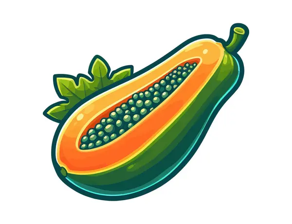 Papaya Frutta Con Foglie Verdi Vettore Dei Cartoni Animati — Vettoriale Stock