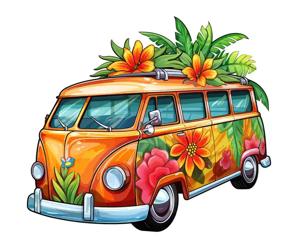 Minibus Fiore Colorato Autobus Hippy Illustrazione Vettoriale — Vettoriale Stock