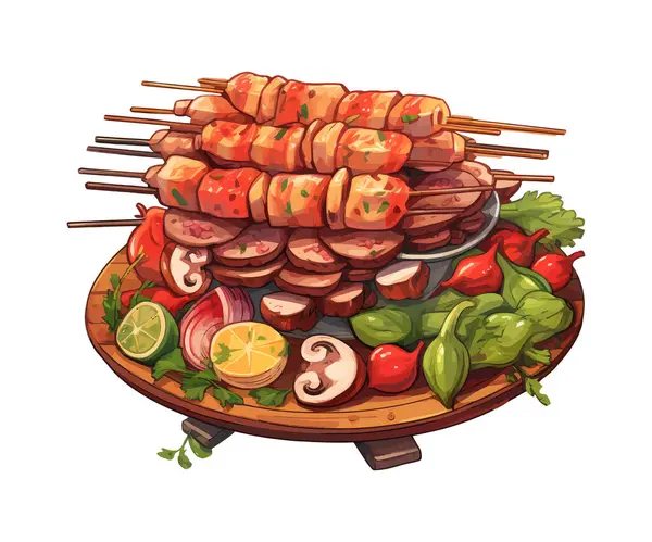 Egy Tál Étel Grillezett Hússal Válogatott Zöldségekkel — Stock Vector