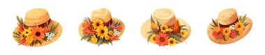 Collection of various hats featuring vibrant flowers as embellishments. clipart
