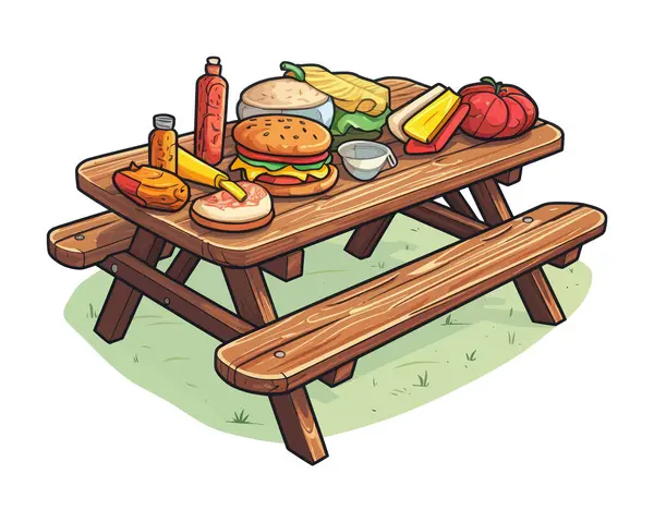 Piknikový Stůl Pokrytý Sortimentem Lahodných Potravin Připravených Venkovnímu Stolování — Stockový vektor