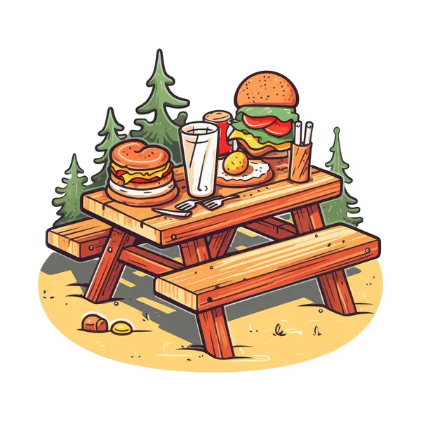 ピクニックテーブルにハンバーガーとドリンク — ストックベクタ