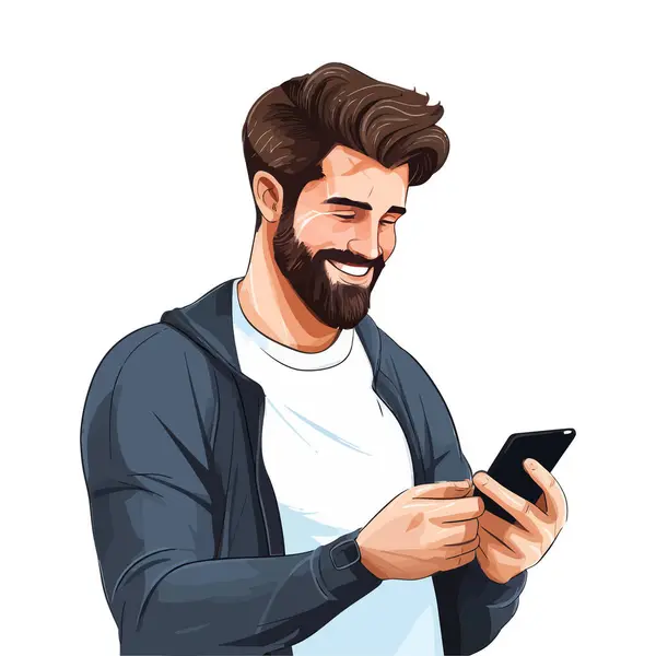 Uomo Barbuto Assorto Guardando Schermo Dello Smartphone — Vettoriale Stock
