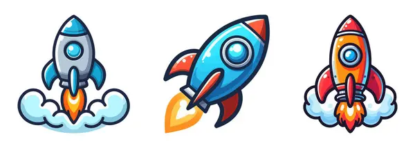 Drie Cartoon Rockets Vliegen Lucht Vector Illustratie Stockvector