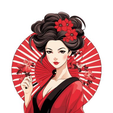 Elinde çiçek tutan kimono giymiş bir kadın..