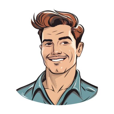 Genç ve gülümseyen bir adamın komik portresi. Çizgi film vektörü