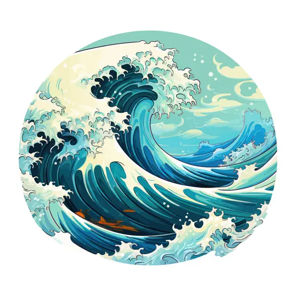 stock vector A powerful wave crashing in the ocean, captured in a vibrant painting.