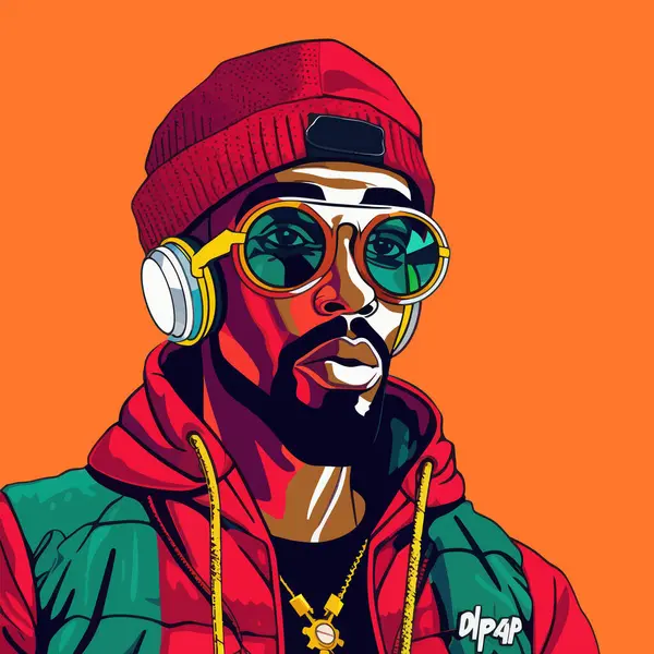 stock vector Vector illustration of a stylish African American man wearing headphones, a beanie, and sunglasses, set against a vivid orange background in a pop art style.