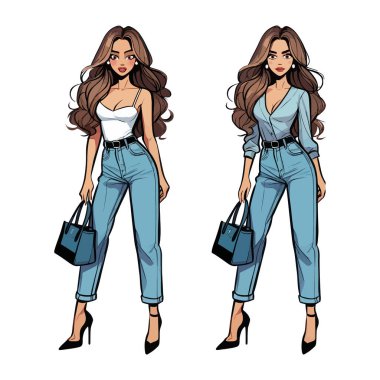 Uzun saçlı, kot pantolon giyen ve şık bir bluzu olan şık bir kadının vektör çizimi. Moda, yaşam tarzı ve karakter tasarım projeleri için ideal.